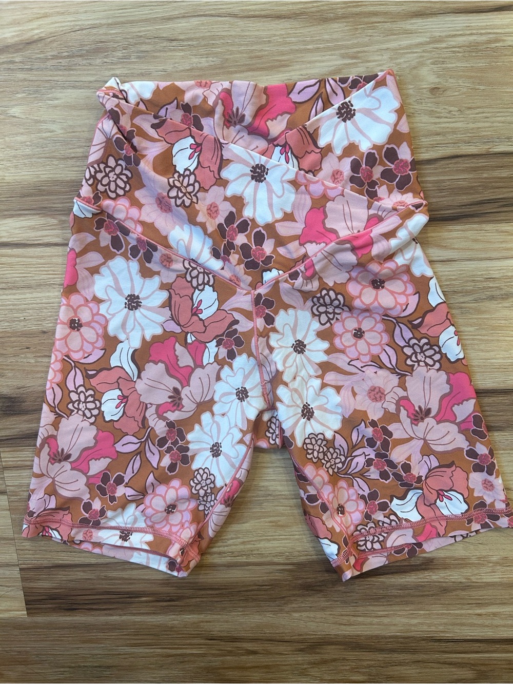 aerie Floral High-Rise Bike Shorts in Pink & Brown